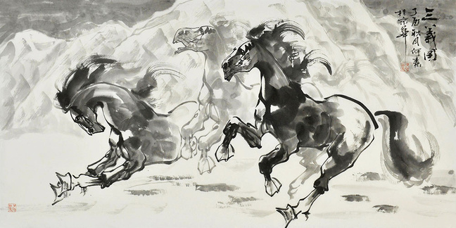 何森国画骏马图作品赏析:奔腾豪放,充满野性